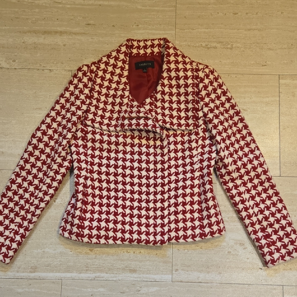 Talbot's Red/White Houndstooth Wool Blend Fully Lined Moto Jacket